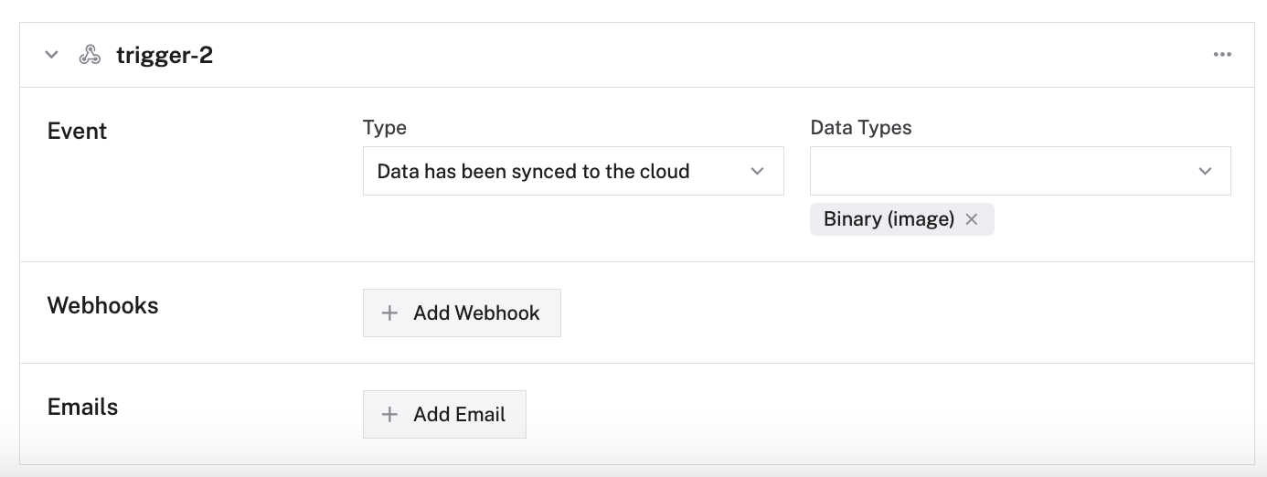 The trigger created with 'Data has been synced to the cloud' as the type and 'Binary (image)' as the data type.
